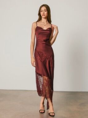 Dress Forum Asymmetrical Satin Slip Dress with Lace Trim in Wine NWT